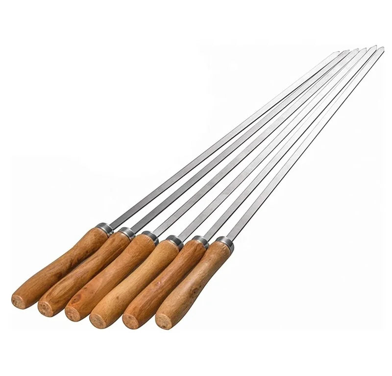Customized 6 Pack Durable 16.5 Inch Stainless Steel Barbecue Skewers Wooden Handle Non-Slip Grip Set Storage Bag for Outdoor Use