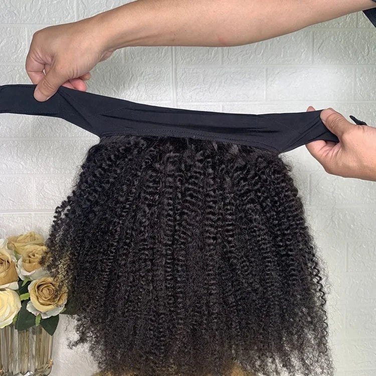 Stock Wholesale 100% Virgin Remy Human Hair Kinky Curly Adjustable Elastic Head Band Wig