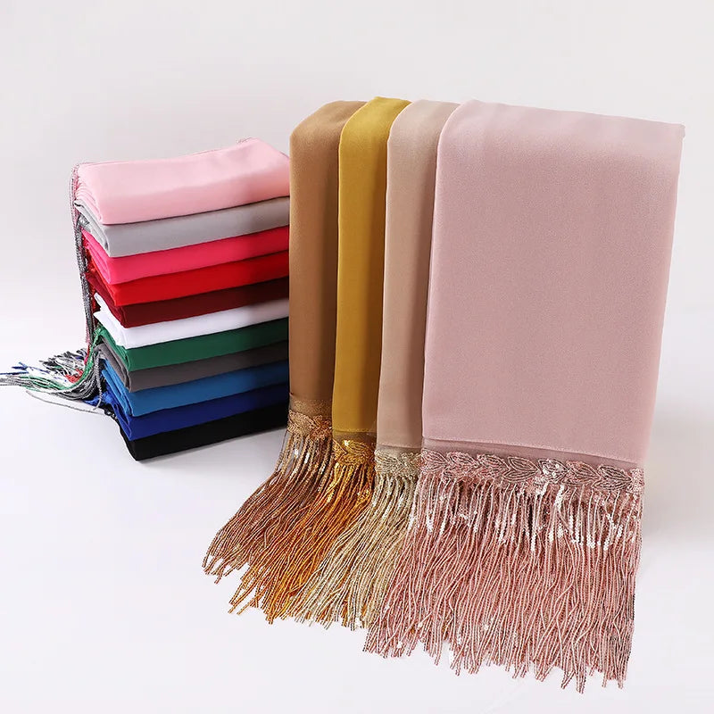Luxury Sequin Tassel Chiffon Hijab 2023 for Women Girls Muslim Woman Hijab Fashion Scarves Shawls