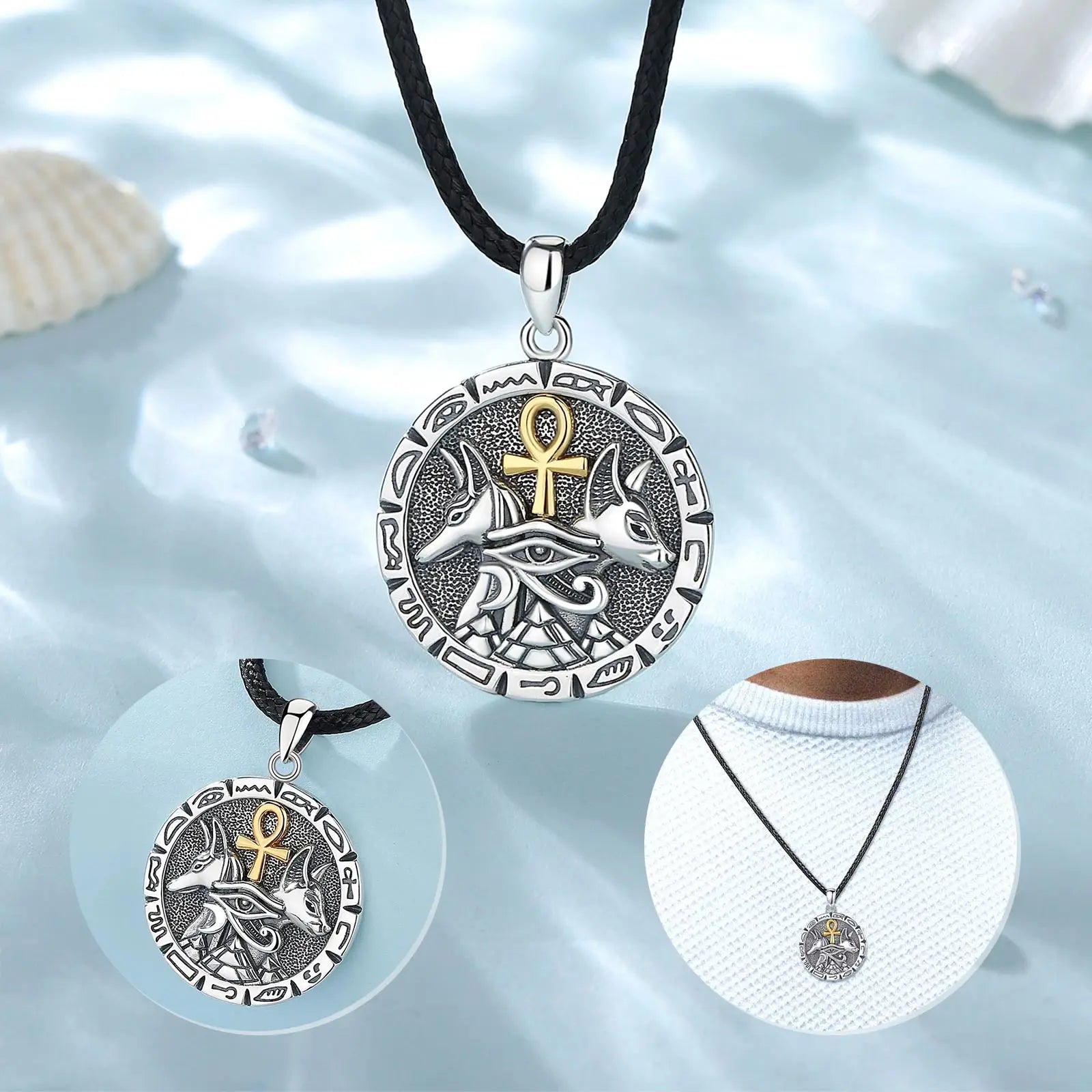 Changda 925 Sterling Silver Jewelry Ankh Amulet Egyptian Egypt Anubis Pendant Necklace for Men