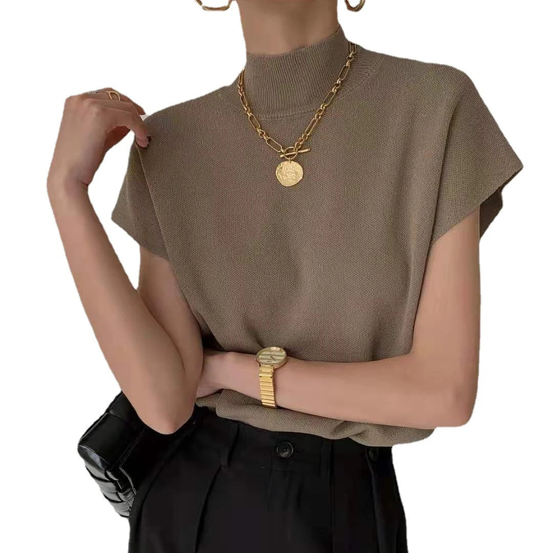 2026 New Arrival Short Short-sleeved Tshirt Spring and Summer Half Turtleneck Knitted Loose Vest Women's T-shirt