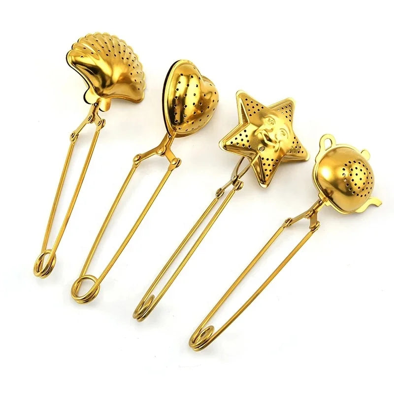 Stainless Steel Tea Strainer Loose Leaf Tea Infuser with Long Handle Seashell Heart Star Teapot Shape Tea Filters Snap Balls