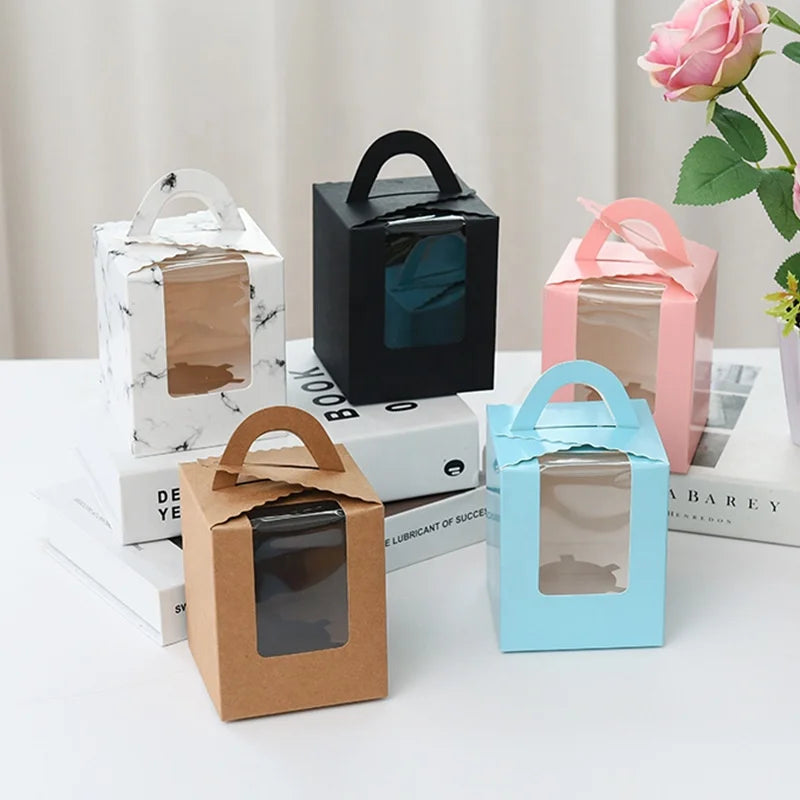 Cake Box Bags Clear Window Trifle Dessert Snack Pastry Packing Boxes with Lid Marble Take Away Paper Printing Box