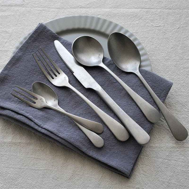 Nordic Vintage Steak Knife Fork and Spoon Set Retro 304 Stainless Steel Dessert Spoon Snowflake Cutlery
