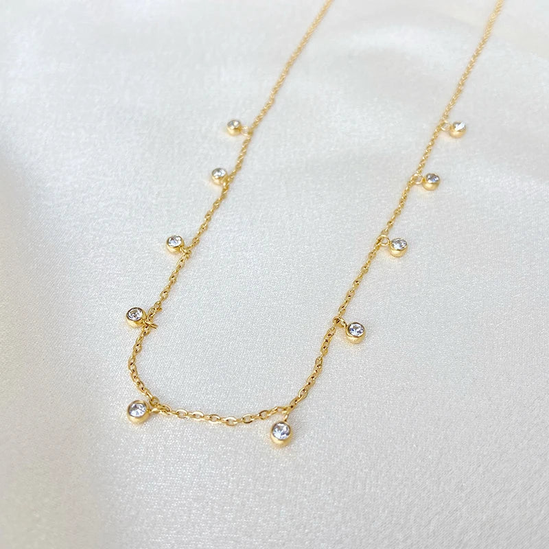 Minimalist Jewelry 18K Gold Plated Stainless Steel Dainty  Tassel Diamonds Necklace Round Cubic Zirconia Pendant Necklace