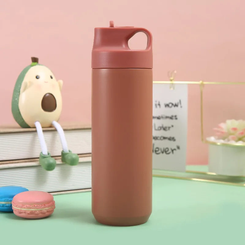 18oz Portable 304 Stainless Steel Thermos Cup Pure Color  Outdoor Sports Straw Water Bottle