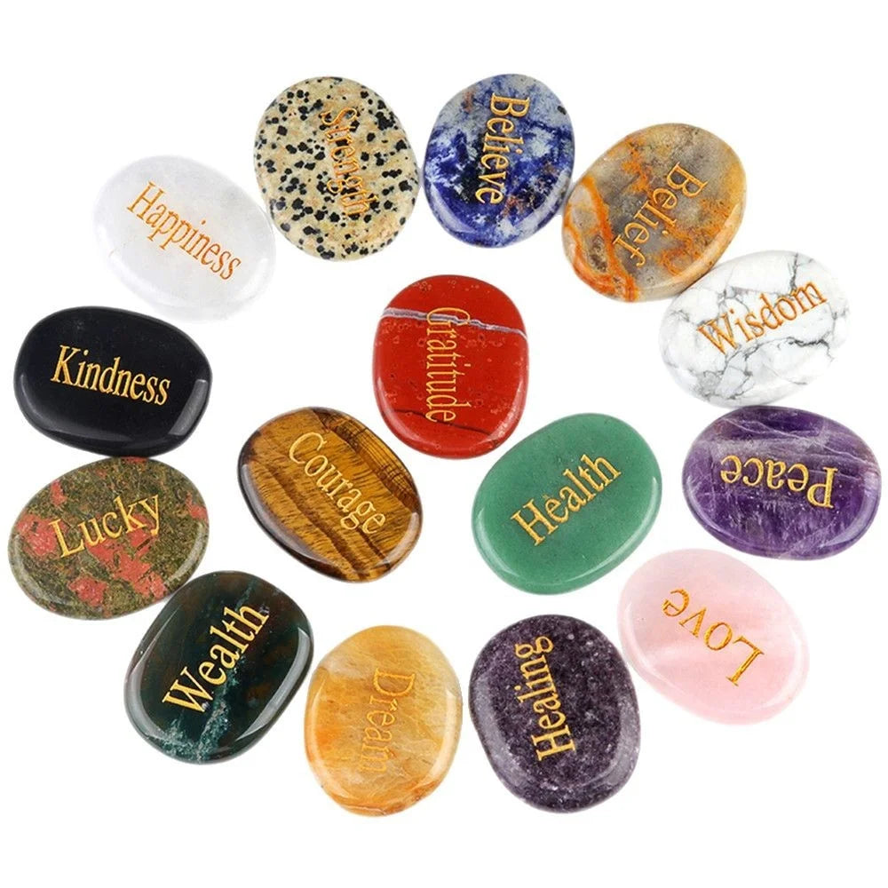 Inspirational Natural Crystal Agate Feng Shui Style Power Stones Engraved DIY Reiki Inspirational Healing Chakra Word Stone