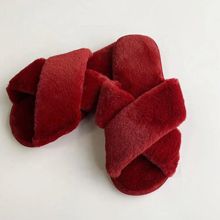 Women's Soft Warm Indoor Fluffy Faux Fur Slippers Cross Strap Cotton Fleece Lining Anti-Slip for Spring Autumn Winter Wholesale MegaBDM