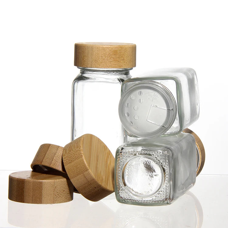 Kitchen Glass Food Storage Jars Set Square Spice Containers Bamboo/Metal Lid 70ml Capacity Multifunction Easy Store Freshness
