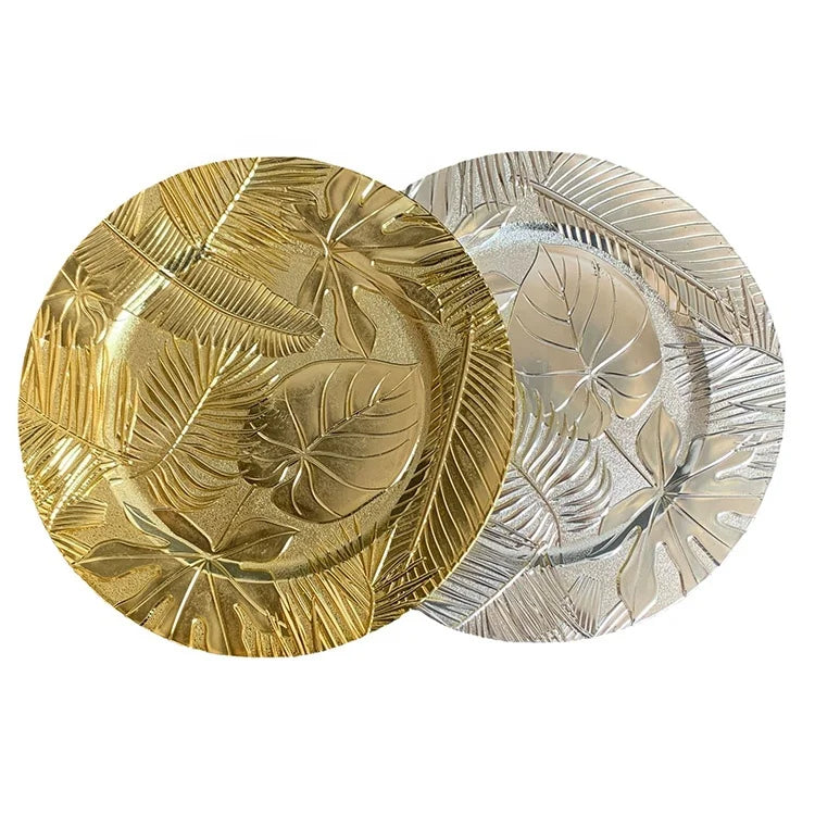 European Luxury Bulk Solid Pattern Eco-Friendly Plastic Silver Gold Charger Plates for Wedding Table Setting