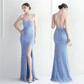 19886# Velvet Bottom Bead Europe and the United States Halter Night Club Dress Long Fishtail Evening