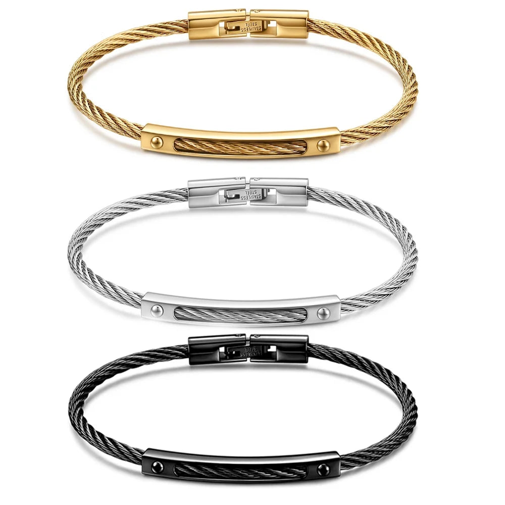 2024 New Design Trendy Stainless Steel Twist Rope Cable Wire Chain Braided Bangle 18K Gold Bracelets Can Open for Men Women Gift