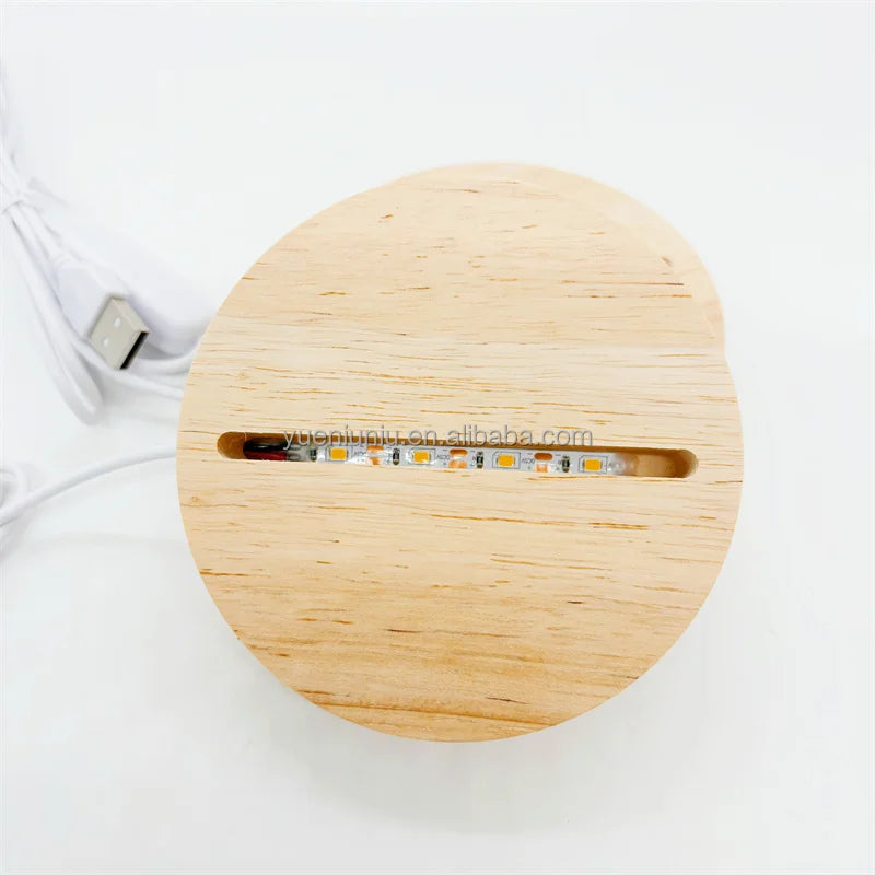 Factory Wholesale Rubber Wood 7 Color LED Round Wooden Night Light Base RGB 3D Lamp Holder for Blank Acrylic