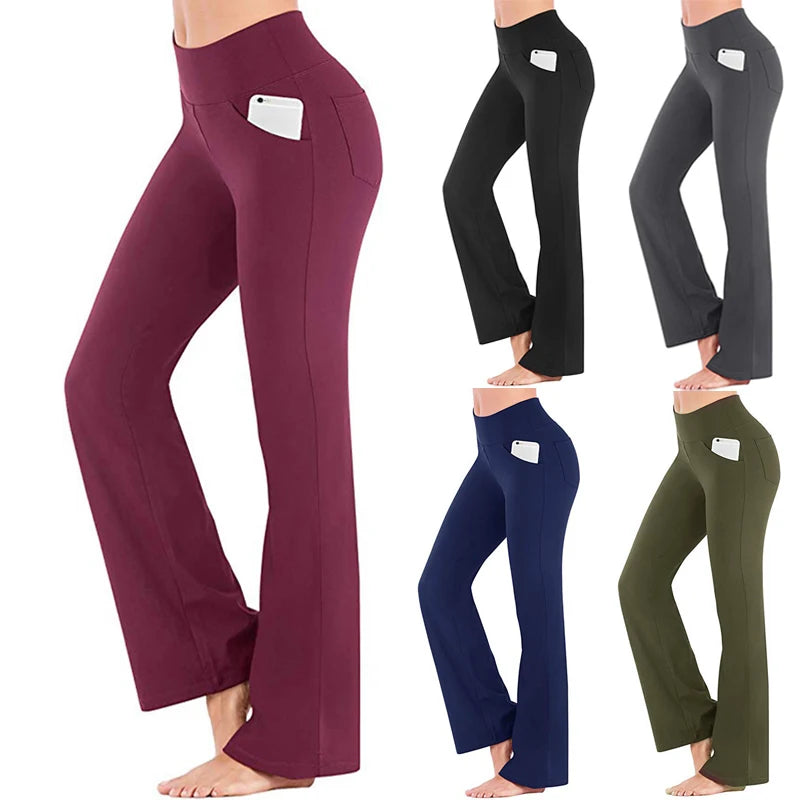 Women's High Waist Bootleg Yoga Pants with Side Pockets Tummy Control Workout Flare Pants Solid Pattern Mid Waist Type