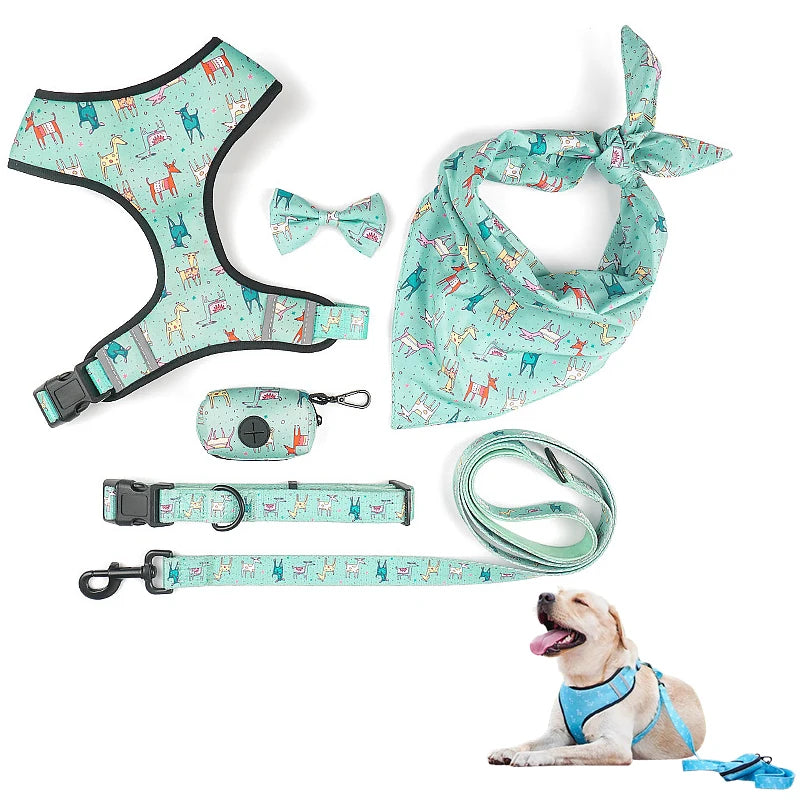 Wholesale Custom 6 in 1 Pet Accessories Printing Collar Leash Poop Bag Bandana Bowknot Dog Harness Set