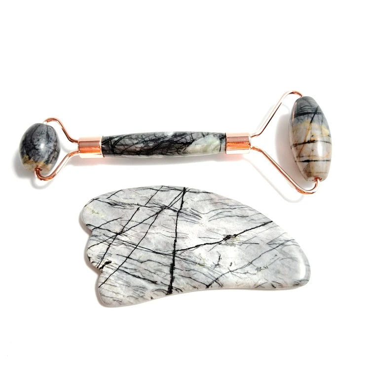 DIY Hot Selling OEM Private Label Wholesale Metal Welded Natural Picasso Jasper Pink Jade Roller for Face