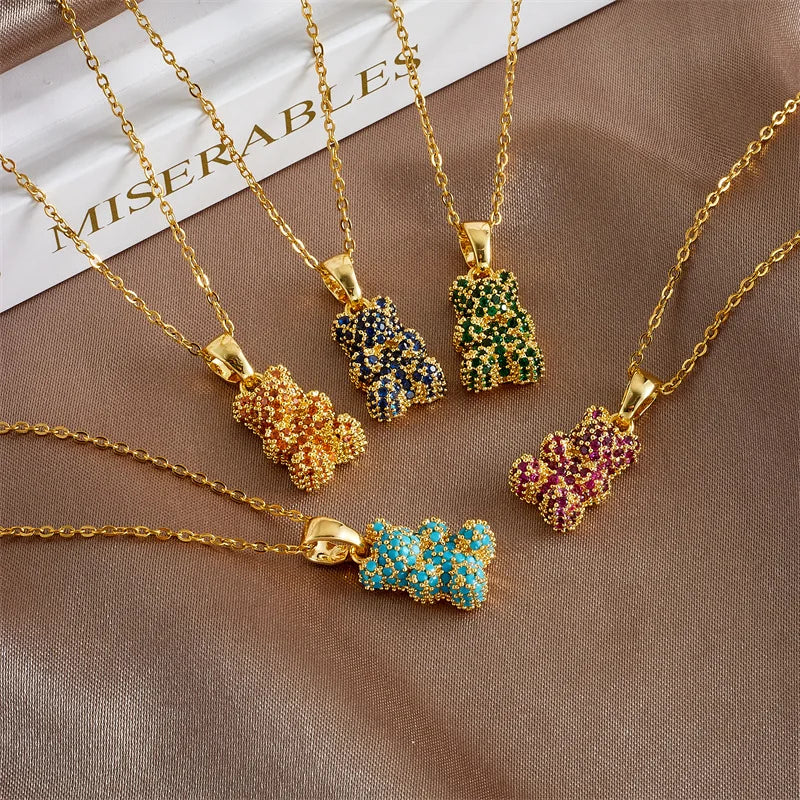 Niche Designer Colorful Cubic Zirconia CZ Bear Choker Necklace Stainless Steel Chain Bear Collar Necklace Jewelry