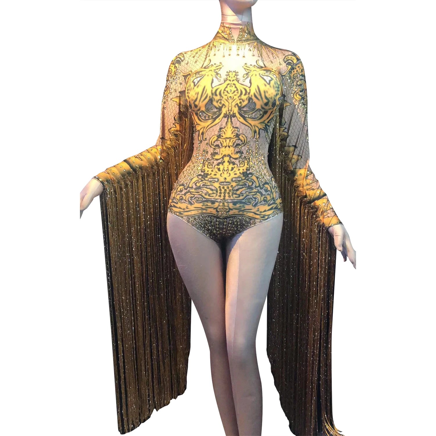 Rhinestones Long Tassel Leotard Women Sexy Nightclub Show Stage Costume Dance Bodysuit Performance Wear