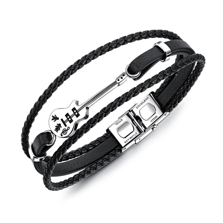 Dropship Vintage Guitar Stainless Steel Bracelets Multi-Layer Weave Leather Men Bracelet