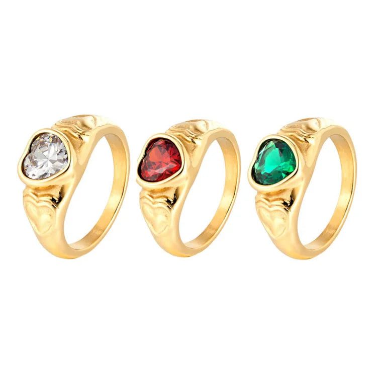 Vintage Gold Plated Cz Zircon Ring Simple Stainless Steel Heart Ring Jewelry