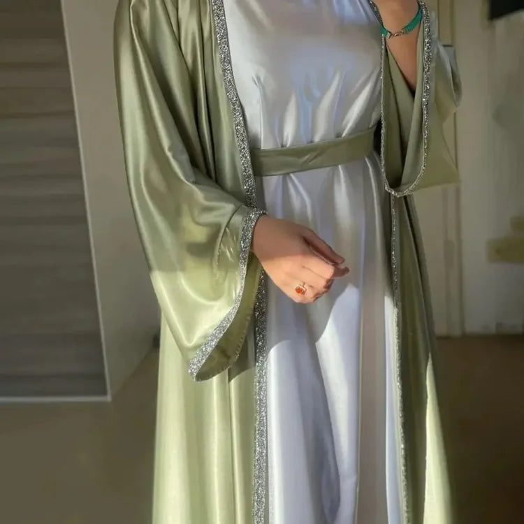 New Designs Eid Dubai Islamic Elegant Modest Abaya Women Muslim Dress Inner Slip Dress Abaya Set Diamond Satin Silk Open Abaya