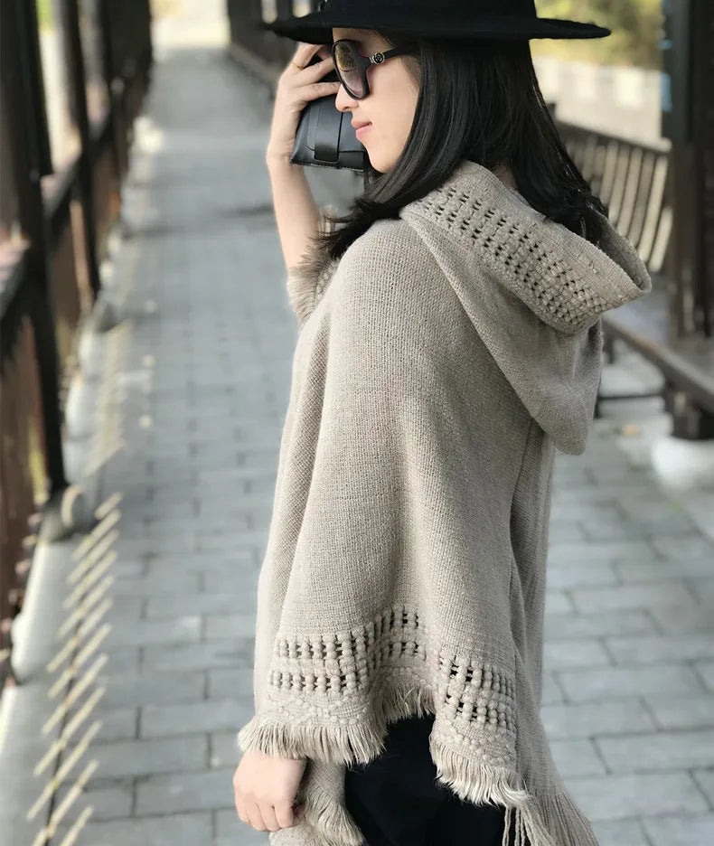 Manufacturer Knitted Hooded Cloak Long Sleeve Wraps and Shawls Cape Stripped Scarves Shawl MegaBDM
