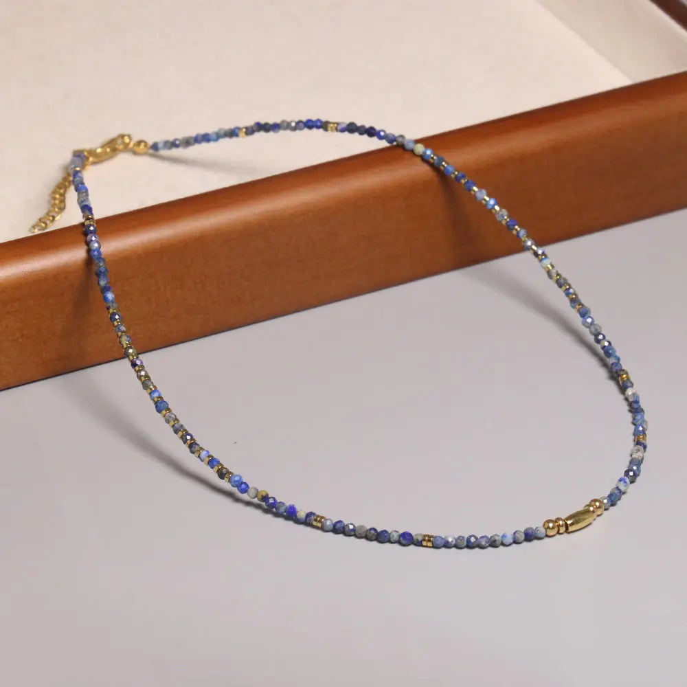 Semi-precious Gemstone Necklace Natural Stone Faceted Sodalite Beaded Clavicle Necklace 18K Gold Plated Brass Choker for Women