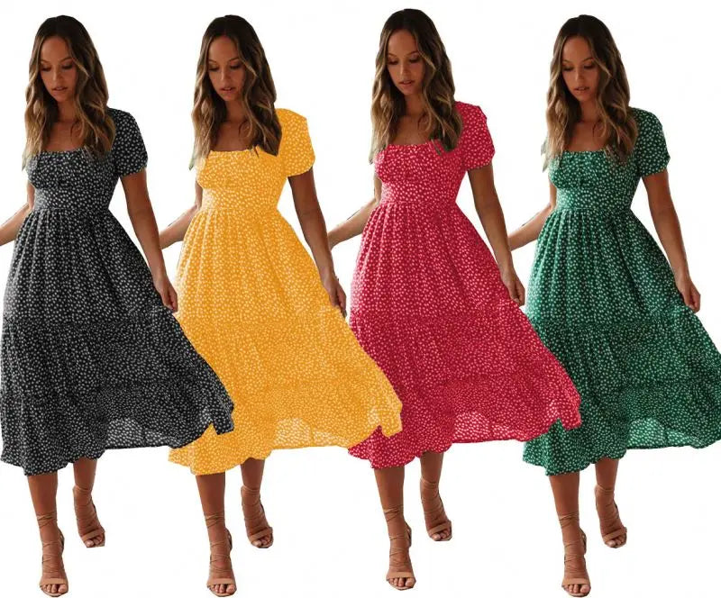 Women's New Fashion Midi Long Style Dress Square Collar Short Sleeve Summer Floral Big Hem Casual Dress Natural Wholesale