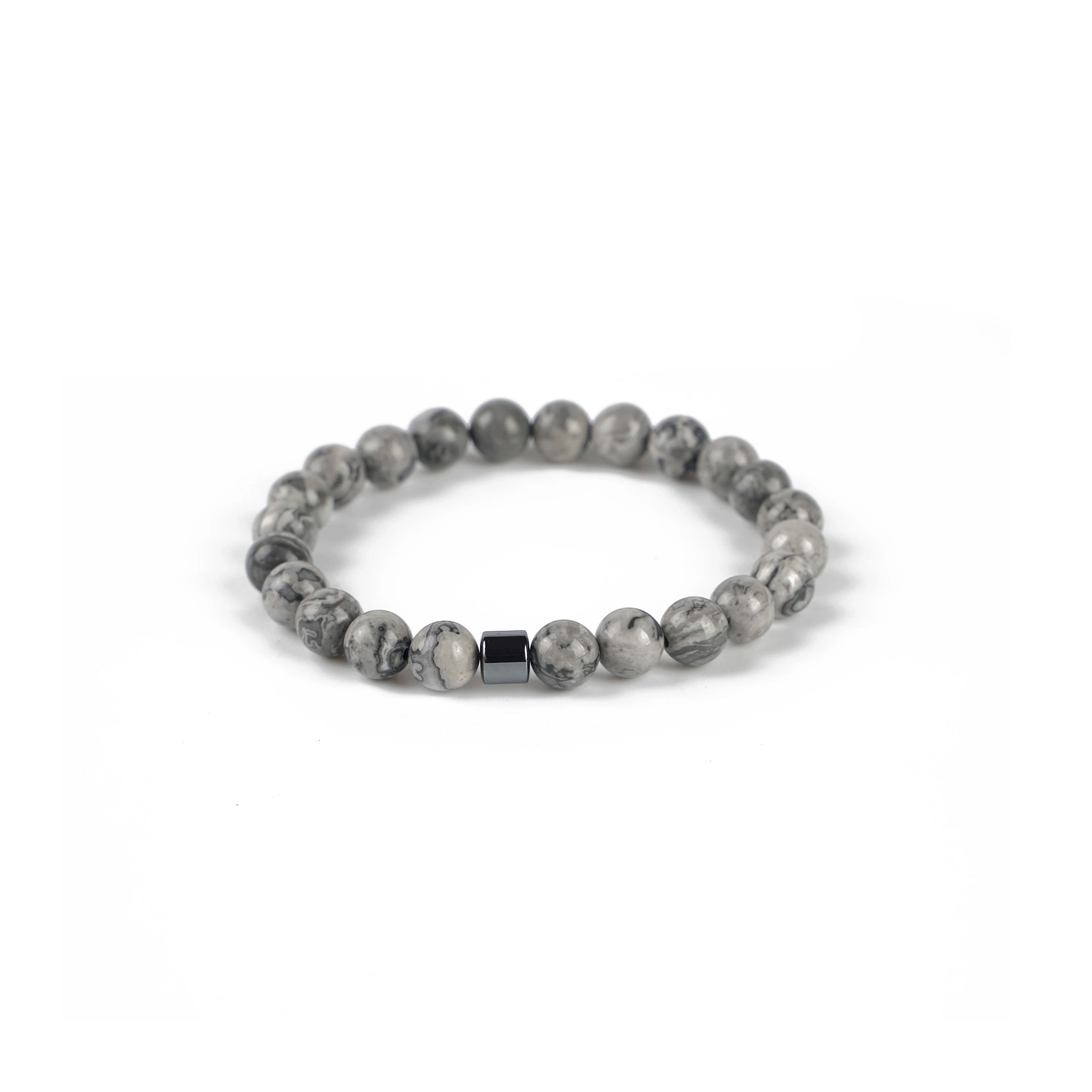 2024  Wholesale Natural Grey Map jasper Healing Gemstone Cube Hematite Beaded Bracelet Jewelry for Men