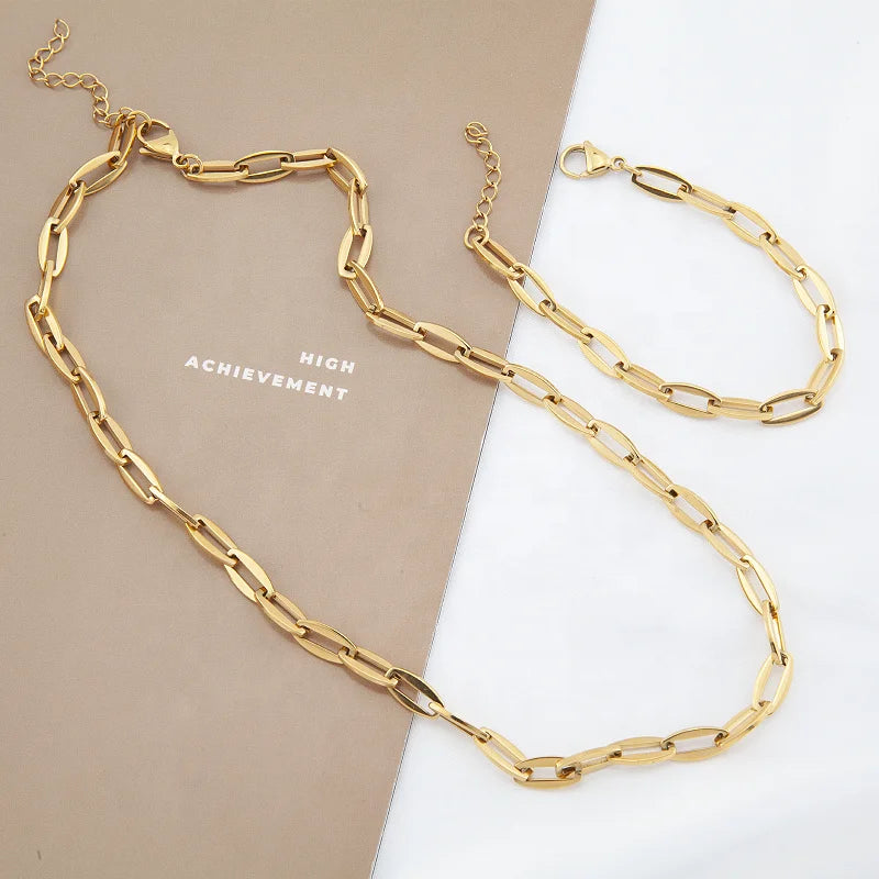 Classic Design 18K Gold Plated Stainless Women Rectangle Women Fine Jewelry Necklace Handmade Bracelet Jewelry Set