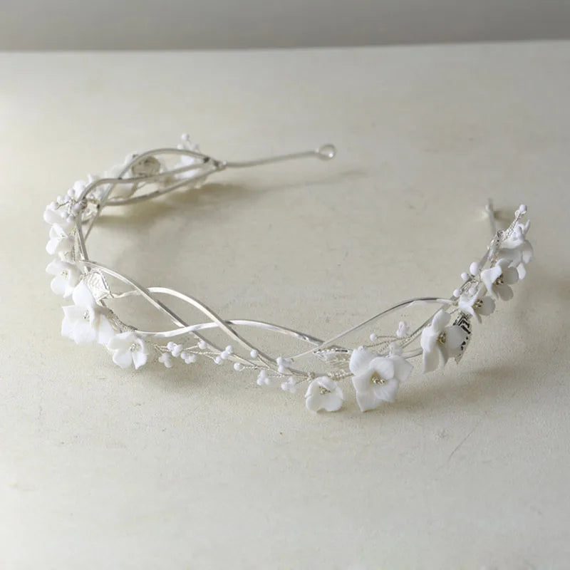 SLBRIDAL Handmade Luxury Copper Rhinestone Crystal Pearls Ceram Flower Bridal Tiara Wedding Bridesmaids Crown Women Hair Jewelry