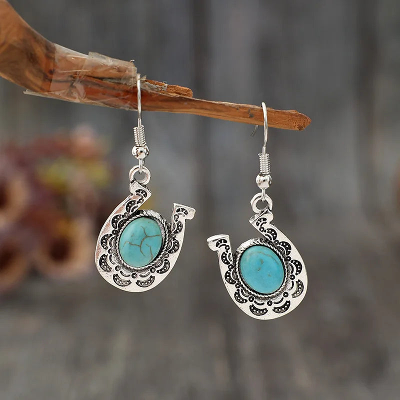 Western Bohemia U Shape Earrings Inlaid Round Turquoise Horse Shoe Charm Earrings for Woman Gift