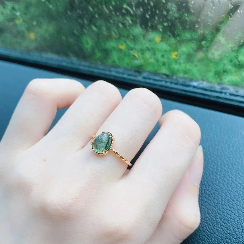Joyas Anillo Plata Vintage 925 Sterling Silver Natural Gem Stone Seaweed Green Agate Ring for Women