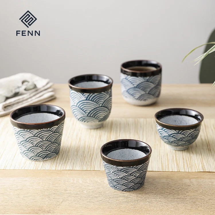 FENN Reusable Arabic Sea Wave Pattern Tea Cup Porcelain Tea Cups No Handle Ceramic Coffee Cups Mugs for Hotel