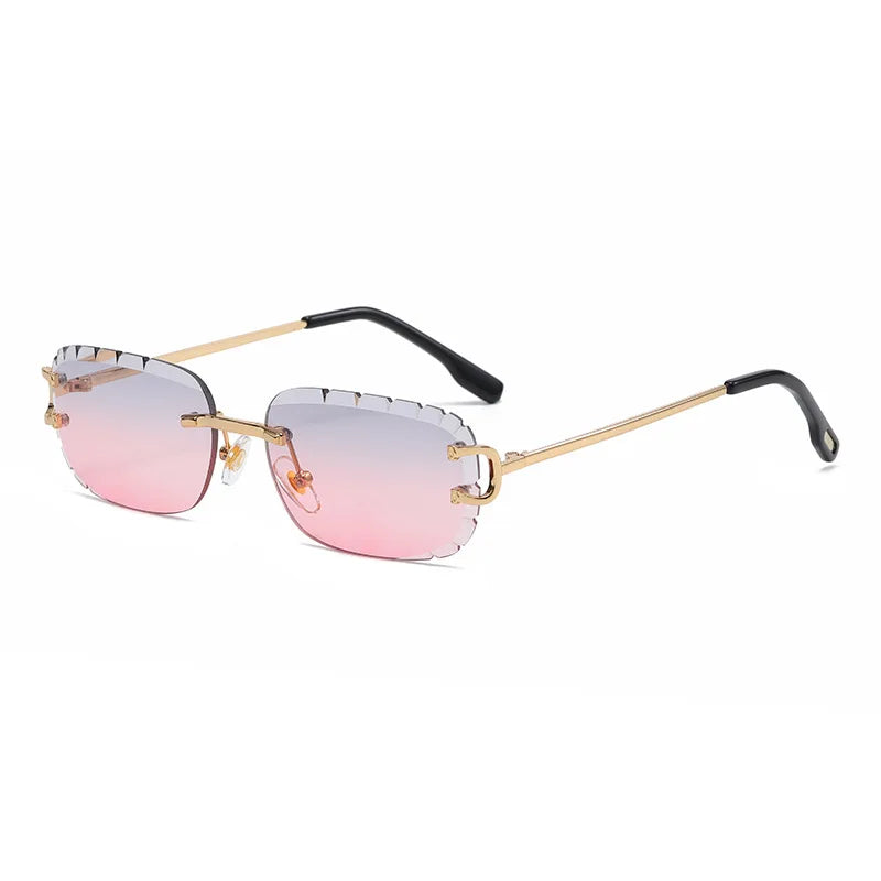 Luxury Rimless Vintage Sunglasses with Rectangle Scalloped Edge Gradient Lens Metal Temple Anti Glare for Women Outdoor Driving
