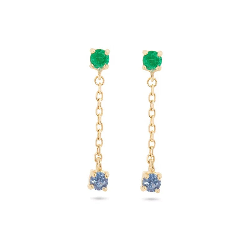 Gemnel 925 Sterling Silver 18k Gold Plated Delicate Emerald Blue Sapphire Drop Chain Stud Earrings
