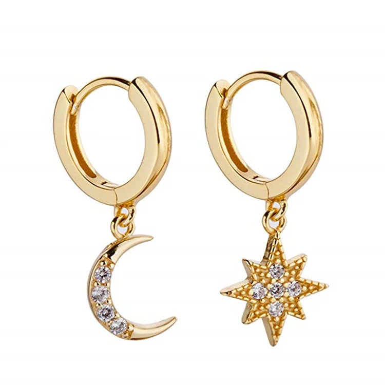 2022 INS 925 Sterling Silver Star and Moon Shape CZ Hoop Earrings Jewelry for Women