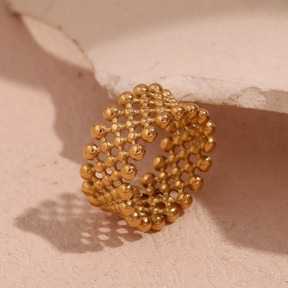 Dreamshow Hollow Beaded Stacking Ring Gold Plated Waterproof Jewelry Stainless Steel Rings Jewelry Women