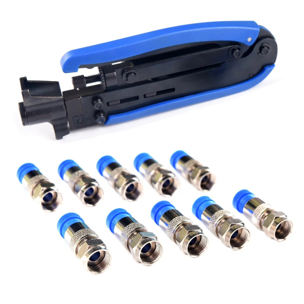 TOPEAST High Quality Blue Coaxial Cable RG6 RG59 RG7 RG11 Crimping Handle Compression Tool Kit Set with 10pcs Brass F Connectors