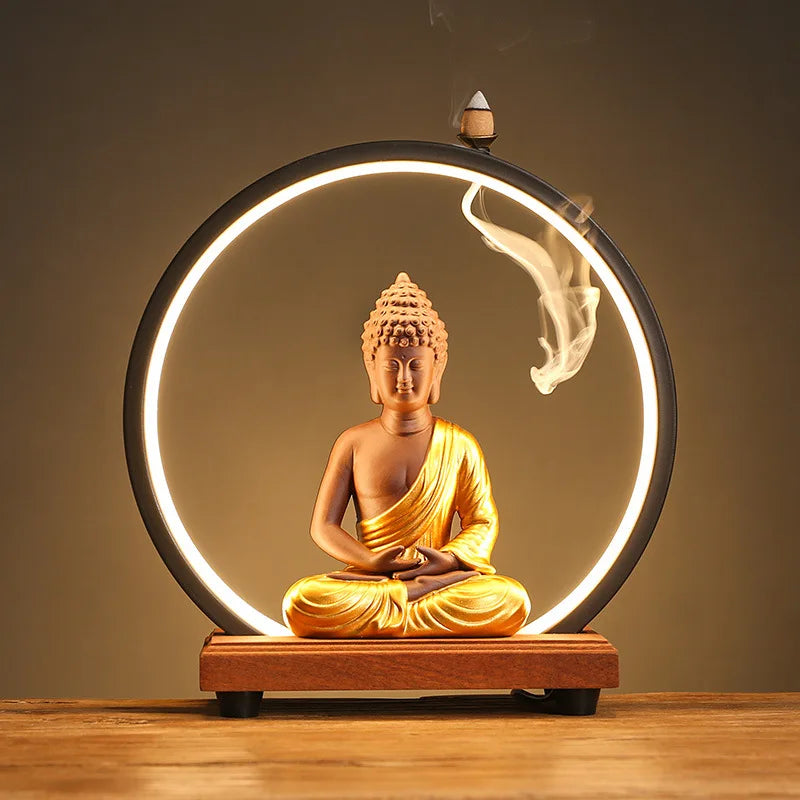 Gift Decoration Holder Home Decor Aromatherapy Buddha Shape Electricity LED Light Ceramic Backflow Waterfall Incense Burner