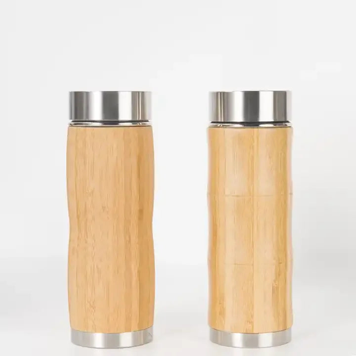 Custom Customize Water Bottle Double Wall Stainless Steel +bamboo Vacuum Thermos Stainless Steel Tumbler Cups with Bamboo