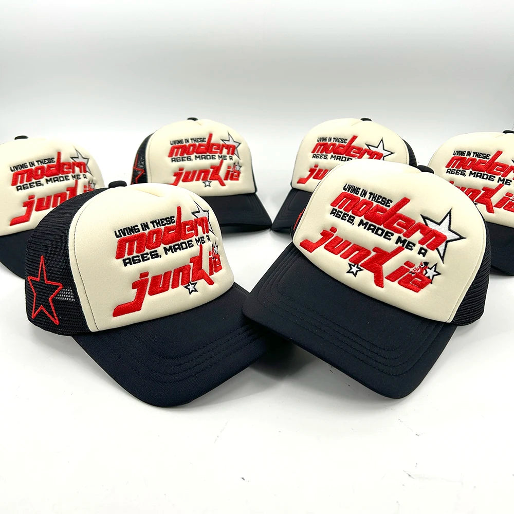 Custom Special Colors Trucker Hat Embroidered Logo 3D Powder Puff Printing Trucker Caps