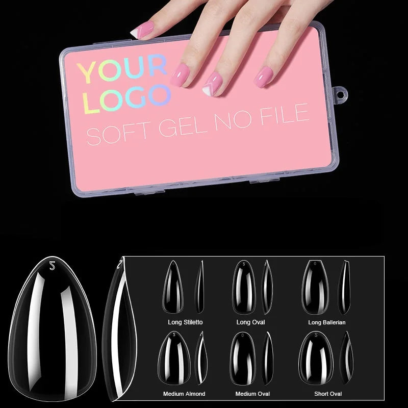 Aillsa OEM 216pcs 12 Sizes Clear Long Stiletto Oval Ballerina Medium Almond Short Fake Nail Tips Full Cover Square Finger