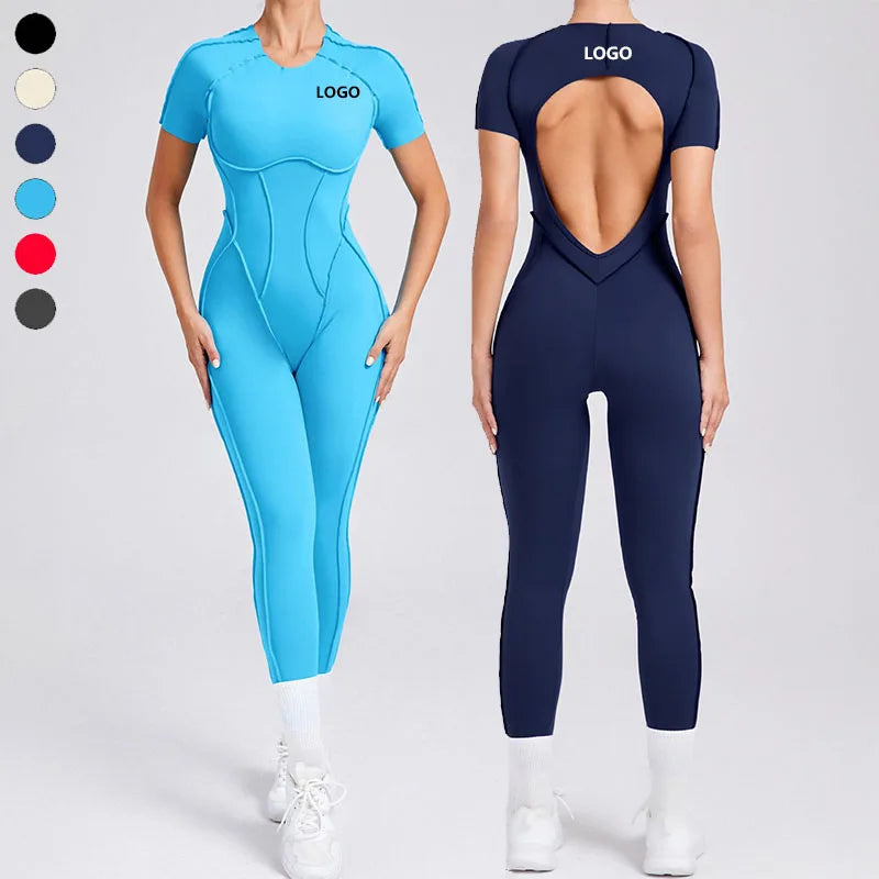 XW-88201 Backless One Piece Yoga Bodysuit Fitness Short Sleeve Activewear Gym Long Sports Workout Jumpsuits for Women MegaBDM