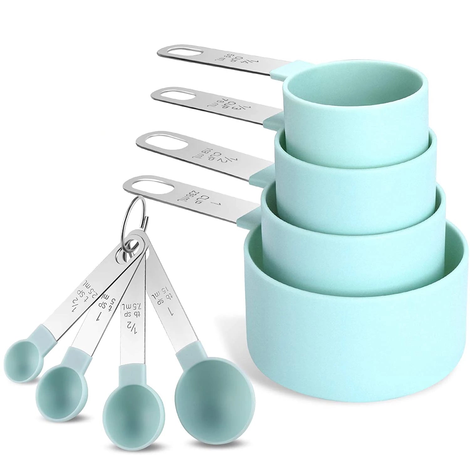 8 Pcs Measuring Cups and Spoons Set Classic Stainless Steel Measuring Spoons with Plastic Head for Dry and Liquid Ingredients
