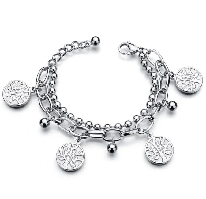 Hot Sale Double Layers Gold Silver Plated Cross Heart Geometric Tree of Life  Bracelet Stainless Steel Beaded Bracelet Jewelry