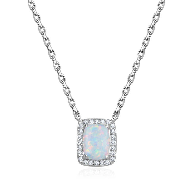 925 Sterling Silver Trendy Link Necklace with Created White Opal Cubic Zirconia CZ Artificial Rectangle Cut Birthstone Pendant