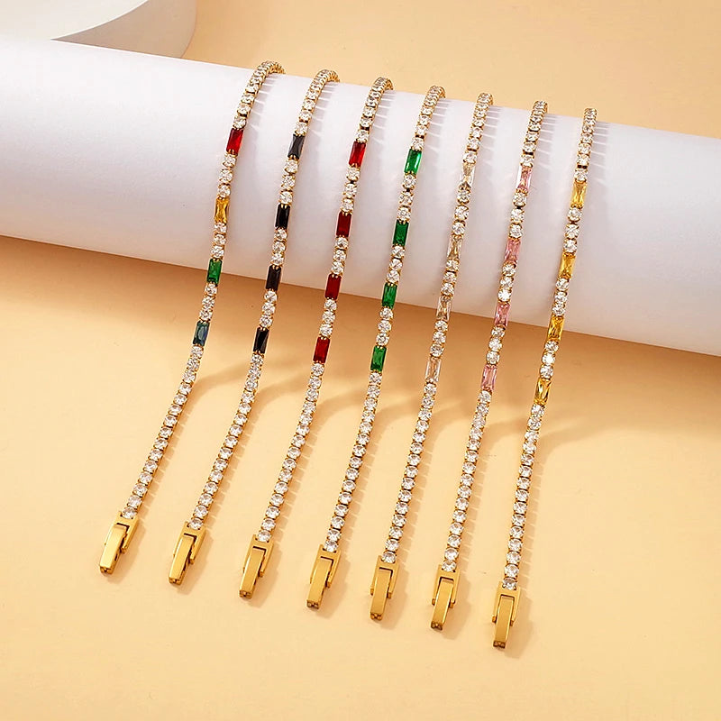 Wholesale 18K Gold Plated Stainless Steel Luxury Jewelry Trendy Tennis Bracelets Shiny Colored Zircon Waterproof Tarnish Free