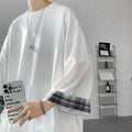 Spring Summer Men's T-shirts Women Oversized 2xl Korean Style Loose Plaid T-shirt Casual Seven Sleeves T-shirt Male White
