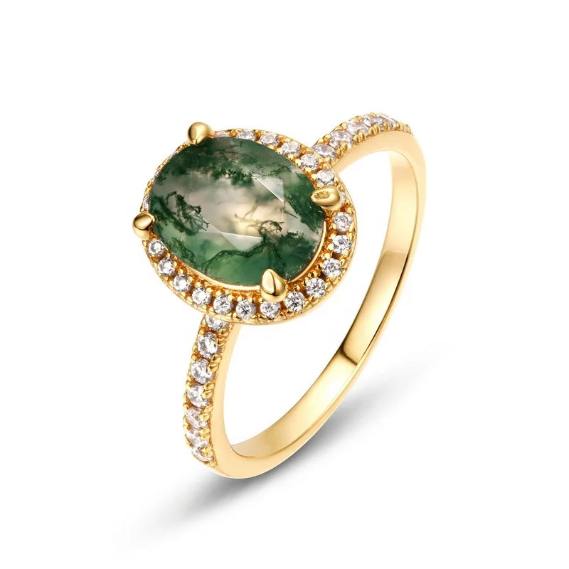 Fine Jewelry Sterling Silver Oval Natural Green Moss Agate Ring Dainty Gold Plated Aquatic Agate CZ Diamond Wedding Ring